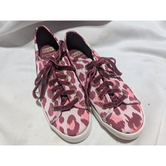 Keds X Kate Spade Womens Kickstart Leopard Pink Lace up Sneaker 7 Velour Laces - Picture 2 of 6